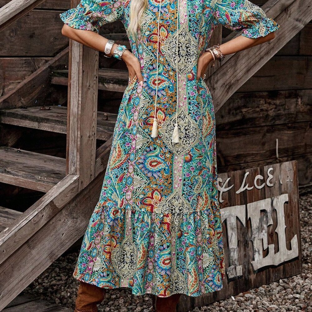 Multicolor Bohemian Women's Printed Mid-Sleeve Fringe Dress - Picture 3 of 7